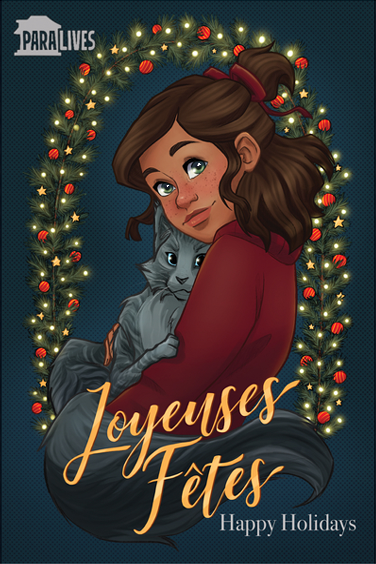 Poster de um desenho no natal, apresentando uma menina quase de costas segurando seu gatinho cinza no colo, à frente de uma guirlanda. O poster carrega uma mensagem de 'Boas festas'